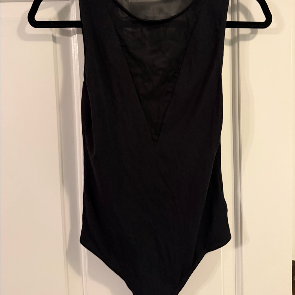 Express Elegant Black Sleeveless Bodysuit with mesh deep v